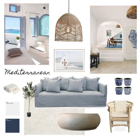 Mediterranean Living Rooms Greek Islands, Mediterranean Indoor Decor, Mediterranean Interior Design Style Mood Board, Mediterranean Coastal Interior, Colourful Coastal Interior, Mediterranean Interior Mood Board, Mediterranean Interior Color Palette, Mood Board Mediterranean, Mediterranean Moodboard Interior Design