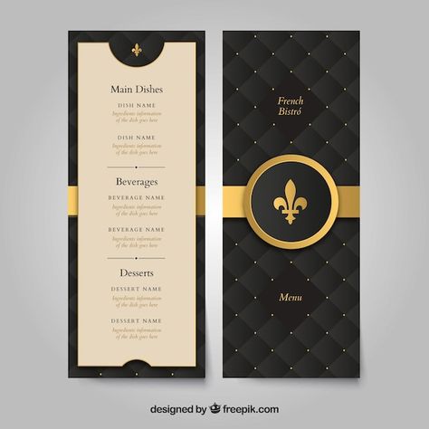 Golden menu template with classic style ... | Premium Vector #Freepik #vector #gold-menu #luxury-menu #classic-menu #dinner-menu Classic Menu Design, Modern Menu Design, Menu Cover Design, Menu Card Design, Visuell Identitet, Hang Tag Design, Menu Designs, Food Menu Design, Menu Cover