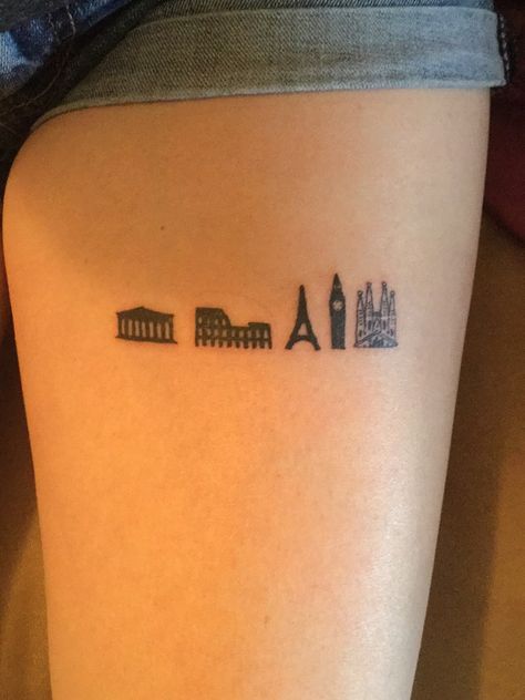 La Sagrada Familia Tattoo, Italy Themed Tattoos, European Tattoo Ideas, Sagrada Familia Tattoo, Parthenon Tattoo, Santorini Tattoo, Portugal Tattoo Ideas, Euro Tattoo, Paris Tattoo Ideas