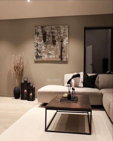 Taupe And Black Interior Design, Creative Living Room Design, Taupe Black And White Bedroom, Dark Brown And Beige Living Room, Beige And Walnut Living Room, Black And Taupe Living Room, Dark Beige Living Room, Beige And Black Living Room Ideas, Taupe And Black Living Room