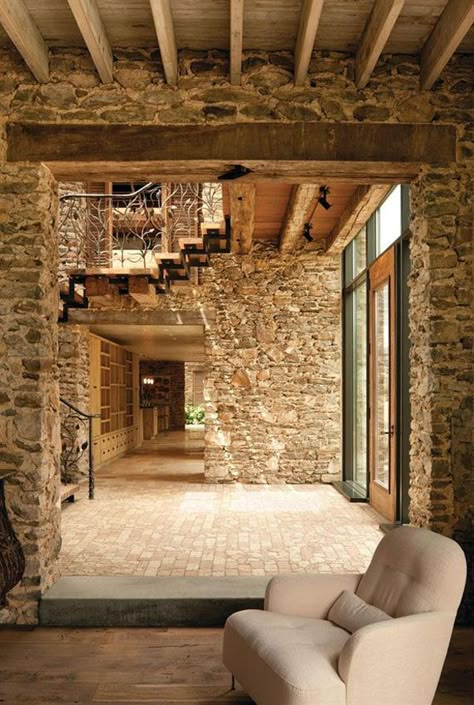 Brick And Stone Wall Ideas For A House's Interiors 26 Stone Walls Interior, Open Staircase, Foyer Decorating, Stone Walls, Stone Cottage, Entry Hall, Stone Houses, Brick And Stone, Stone House