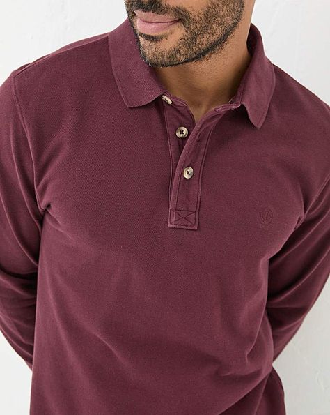 Fatface long sleeve organic pique polo. FatFace,Cotton,Regular,Short Sleeve,Men,Burgundy,Sale,Jacamo Promo,Jacamo Promo2