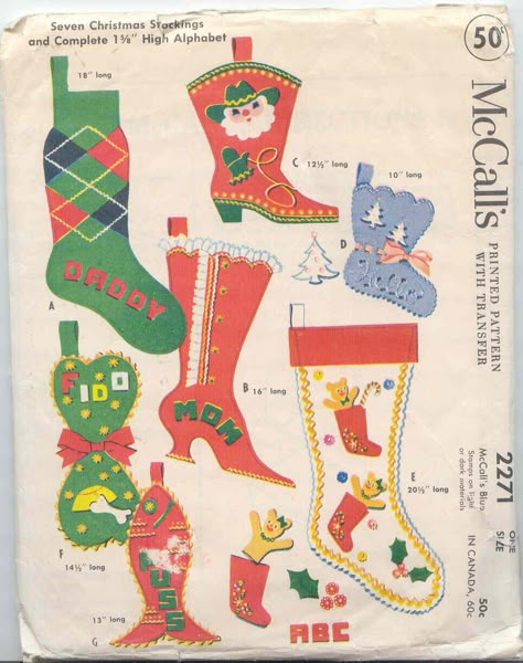 Vintage 1958 McCall's Felt Christmas Stocking Pattern Felt Christmas Stockings Pattern Wool Applique, Stocking Inspiration, Vintage Christmas Ornaments 1950s, 60s Christmas, Stockings Diy, Christmas Stockings Sewing, Christmas Sewing Patterns, Stocking Ideas, Cat Stockings