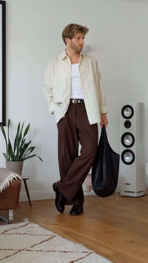 Men Quiet Luxury Outfit, Quiet Luxury Men Outfit, Quiet Luxury Outfit Men, Quiet Luxury Men, Brown Jeans Outfit, Brown Pants Men, Slacks Outfit, Baggy Pants Outfit, Brown Pants Outfit