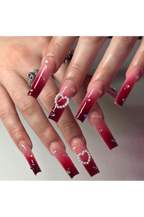 MISUD Press on Nails Long Coffin Fake Nails Glossy Glue on Nails Wine Red Gradient Acrylic Nails Ballerina Ombre Artificial Nails Heart Pearl Stick on False Nails with Design 24 pcs Ombre Red Nails, Gradient Acrylic Nails, Acrylic Nails Ballerina, Nails Wine Red, Red Ombre Nails, Nails With Design, Nails Ballerina, Nails Heart, Press Nails