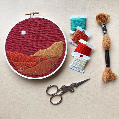 Another favorite embroidery kit is back in stock! Thanks to the mail fairies, I have a limited number of beginner friendly desert landscape… Desert Craft, Southwestern Embroidery, Embroidery Pattern Design, Embroidered Cactus, Hoop Art Wall, Landscape Embroidery, Diy Beginner, Cactus Embroidery, Landscape Pattern