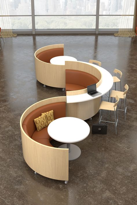 Connecting, curved booths with panels provide wayfinding in large open space Raised Office Platform, Space Saving Seating, Study Space Architecture, Modular Office Space, Integrated Furniture Architecture, Public Office Design, Modular Seating Design, Public Study Space, Connecting Desk