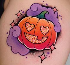 Halloween Glitter Tattoo, Pastel Halloween Tattoo, Colorful Halloween Tattoos, Kawaii Halloween Tattoo, Glitter Style Tattoo, Glitter Tattoo Permanent, Halloween Candy Tattoo, Tattoo Filler Ideas For Women, Cute Pumpkin Tattoo