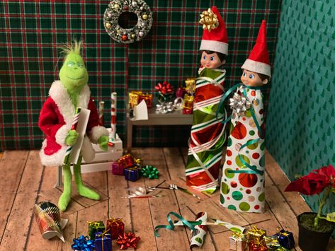 Elf On The Shelf Grinch Ideas Elves, Elf On A Shelf Grinch Ideas, Elf On The Shelf Wrapped Up, The Grinch And Elf On The Shelf, Elf On Shelf And Grinch, The Grinch Elf On The Shelf Ideas, Elf Shelf Grinch, Grinch Elf On Shelf, Grinch Elf On Shelf Ideas