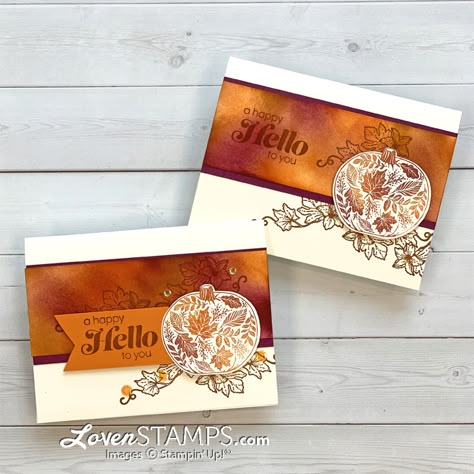 I adore a pretty autumn color palette - especially one that includes a pretty designer series paper. But what if you need colors that aren't in a DSP package? You create your own custom designer paper, of course! Grab 2-3 coordinating Stampin' Up! Classic Ink Pads, your trusty Blending Brushes and learn how to burnish deep saturated colors into your cardstock for custom backgrounds and features. Plus I'll share a bonus trick for using Blending Brushes directly on your Pretty Pumpkins stamps. Su Pretty Pumpkins Cards, Stampin Up Pretty Pumpkins Cards, Stampin Up Fond Of Autumn Cards, Pretty Pumpkins Stampin Up Cards, Stampin Up Pretty Pumpkins, Brush Tutorial, Thanksgiving Cards Handmade, Autumn Color Palette, Fall Greeting Cards