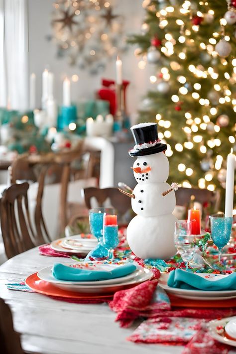 Whimsical Christmas Dining Room Table with Playful Snowman Decor Gold Christmas Table Settings, Snowman Tablescape, Red And Gold Christmas Table, Christmas Decor Dining Room, Candy Cane Centerpiece, Christmas Dining Table Decor Ideas, Snowman Place Setting, Green And Gold Decor, Modern Dining Table Design