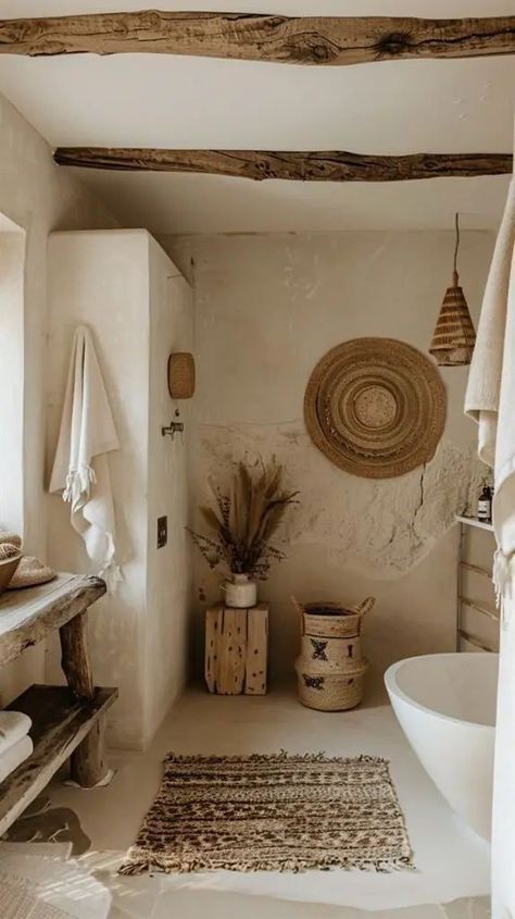 Modern Boho Half Bath, Boho Half Bath, Boho Modern Bathroom, Boho Kids Bathroom, Bathroom Beige, Modern Boho Bathroom, Earthy Bathroom, Bathroom Wallpaper Ideas, Boho Decor Ideas