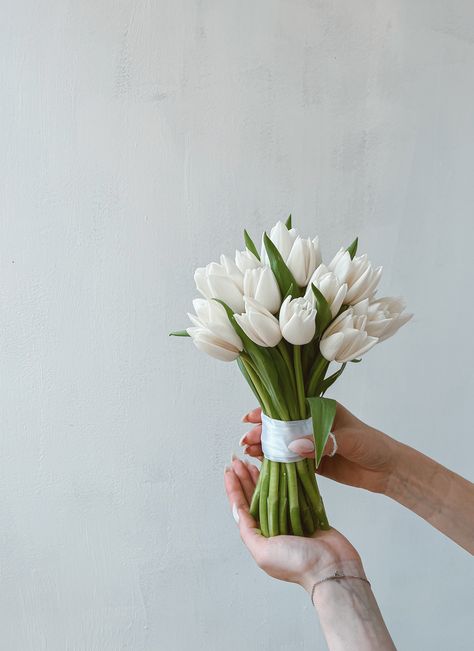 Small White Tulip Bouquet, Petit Bridal Bouquet, Wedding Bouquets Long Stem, Tulip Boutonniere Wedding, White Tulips Bridal Bouquet, Single Flower Bridal Bouquet, Small Bridal Bouquet Summer, White Boquetes Of Flowers Wedding, Minimal Bridesmaid Bouquet