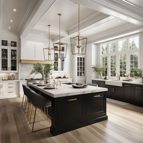 Thoughtful use of colors, textures, and materials elevates this kitchen to a regal and hospitable level Brushed Brass Kitchen, Modern Classic Kitchen, Room Amazon, Foyer Dining Room, Classic Kitchen Design, Lake House Kitchen, Green Kitchen Cabinets, Kitchen Pendant, Hanging Pendant Light