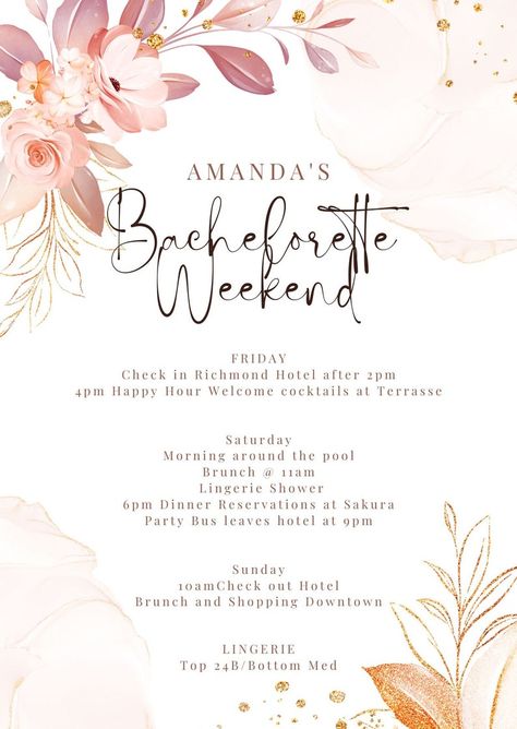 Bachelorette Schedule Template, Bachelorette Invites Template, Bachelorette Template, Bachelorette Schedule, Weekend Schedule, Party Itinerary, Bachelorette Weekend Itinerary, Personalized Bachelorette, Bridal Shower Inspo