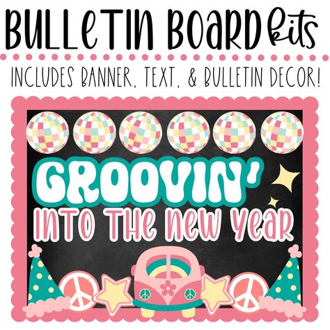 2023 Classroom Decor, New Years Bulletin Board, Goals Bulletin Board, Retro New Years, Nye 2023, 2023 Classroom, Retro Classroom, Work Bulletin Boards, Cute Bulletin Boards