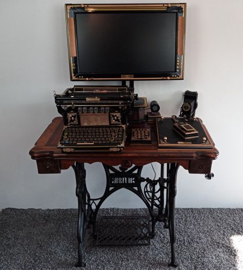 petermorwood: customretrodesign: Custom built... | Diane Duane Steampunk Computer, Steampunk Desk, Steampunk Tendencies, Computer Desk Setup, Steampunk House, Vintage Props, Retro Gadgets, Hotel Reception, Computer Setup