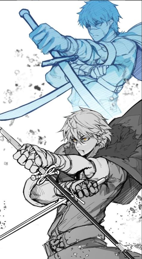 Swordsmen Drawing Reference, 2 Swords Pose Reference, Pose With Two Swords, One Handed Swordsman, Character With Two Swords, Person Holding Two Swords Reference, Duel Blades Poses, Manga Action Poses Reference, Duel Wielding Swords Poses Drawing