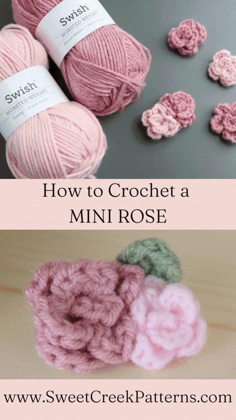 Easy Mini Crochet Flower Tutorial for Beginners - In this video, I will show how to crochet a small rose flower. It is a VERY EASY and Quick DIY Scrap yarn crochet project. With just a couple rows and basic crochet stitches, it is a super quick and simple crochet pattern. These little roses can be used to embellish headbands, beanies, bags, hats, and home decor projects, and I love to add them to my patterns. Small Scrap Yarn Crochet Projects, Mini Crochet Flower, Simple Crochet Pattern, Crochet Project Free, Scrap Yarn Crochet, Rose Crochet, Scrap Yarn, Embellished Headbands, Mini Crochet