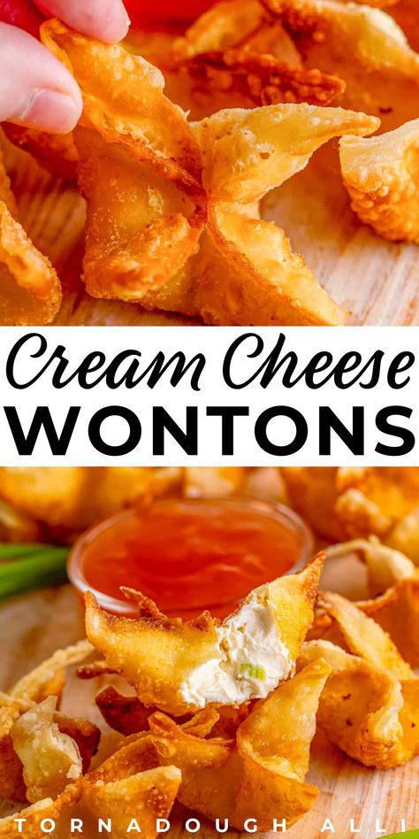 Crispy on the outside with a creamy filling and tender inside, these cream cheese wontons from Tornadough Alli are always a hit. Super easy and a perfect appetizer or side dish. Whip up a batch of these while you’re making some of your other favorite takeout recipes and everyone will have something tasty to snack on. Cheese Wontons Recipes, Cream Cheese Wonton Cups, Recipes For Wonton Wrappers, Recipes For Dinner Side Dishes, Wonton Snacks, Wonton Filling Recipe, Cream Cheese Easy Recipes, Cream Cheese Wontons Recipes, Healthy Wonton Recipes