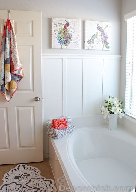 Chic Budget Bathroom Makeover for Under $100 Powder Room Board And Batten, Easy Board And Batten, Farmhouse Powder Room, Batten Walls, Batten Board, Second Bathroom, Pretty Bathroom, Deep Tub, Colorful Bathroom