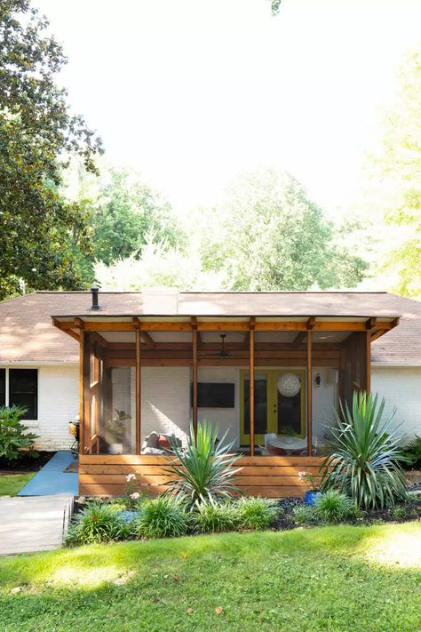 Screened In Porch Ranch House, Screened Porch Landscaping, Cool Screened In Porch Ideas, Hardy Board Screened Porch, Screened Porch Front Of House, Screened Porch On Ranch Style Home, Screen Porch On Deck, Porch To Sunroom Conversion Diy, Mid Century Screened In Porch