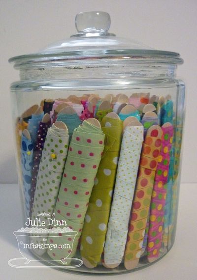 "Great ideas for ribbon storage using glass jars and wide Popsicle sticks!" Jelly Roll Storage Ideas, Ribbon Storage, Dream Craft Room, Scrapbook Room, Office Crafts, Craft Room Storage, Craft Room Office, Sewing Rooms, Craft Room Organization