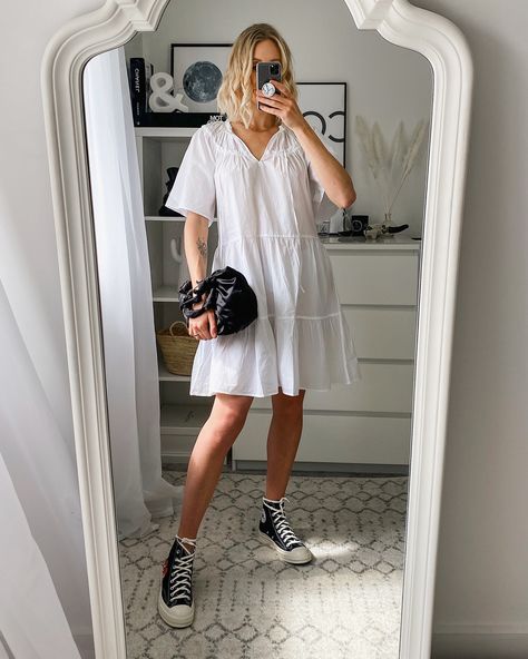 Converse cdg styled with a white smock dress - spring outfit idea @liketoknow.it #liketkit #LTKspring #LTKshoecrush http://liketk.it/2O9em White Smock Dress Outfit, White Converse Outfit Dress, High Top Converse And Dress, White Dress And Converse, White Dress With Converse, Dresses With Converse High Tops, Outfits With White Shoes, Converse Spring Outfit, Converse And Dress Outfit