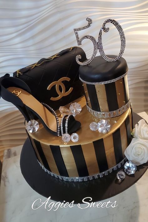 Black And Gold 50th Birthday Cake, Black And Gold Cake Birthday For Women, Black And Gold Cakes For Ladies, Louis Vuitton Birthday Cakes For Women, High Heel Shoe Cake, Diva Birthday Cakes, Chanel Bag Cake, Chanel Bag Cake Birthday, 50th Birthday Cake For Women