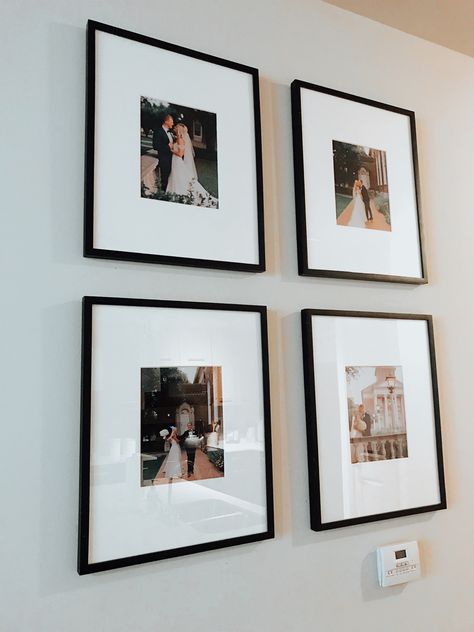 Bedroom Wall Wedding Pictures, Framed Couples Photos, Engagement Photos Wall Decor, Wedding Photo House Decor, Wedding Wall Gallery Ideas, Gallery Wall With Black Frames, Couples First Home Decor, Wedding Photo Collage Wall Living Rooms, Couple Picture Wall Ideas