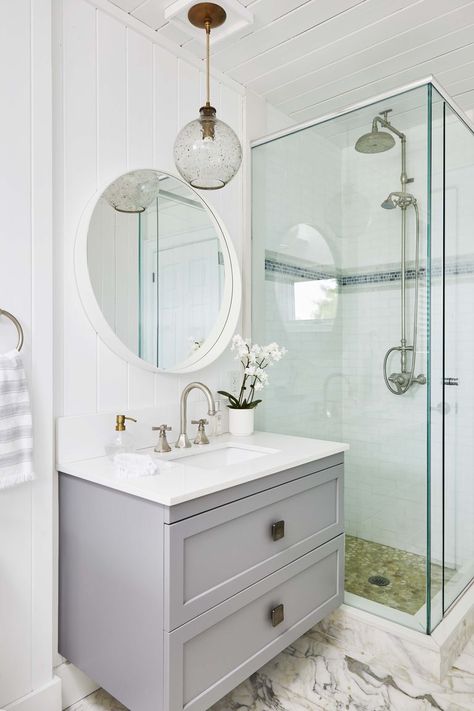 Sarah Richardson House Beautiful Lake House BathroomTile:  Saltillo,  Mirror:  Ikea Sarah Richardson Bathroom, Exterior Wood Trim, Ikea Sectional, Lake House Bathroom, Sarah Richardson Design, Sarah Richardson, Pretty Bathrooms, Cottage Bathroom, Vanity Faucet