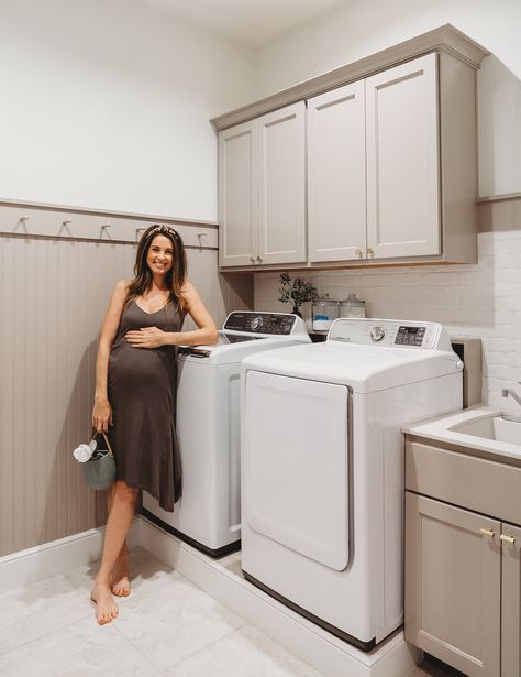 Laundry Room Makeover Samsung Washer And Dryer Laundry Rooms, Sherwin Williams Greige, Lauren Diy, Laundry Room Appliances, Perfect Greige, Lime Wash Brick, Samsung Home, Diy Mom, A Happy Girl