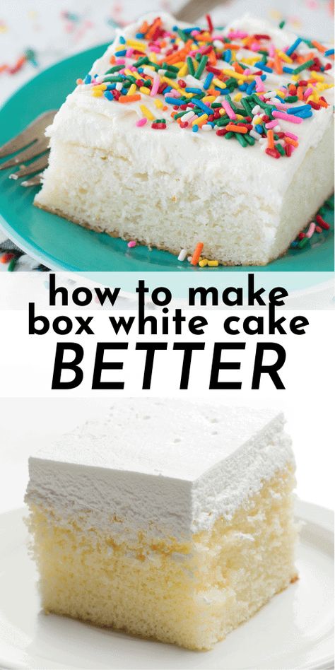 Find out why people have called this easy white cake “the best cake they have EVER had”! Be prepared for tons of compliments when you make this! Follow my easy hacks to make a box cake taste homemade and you’ll be shocked how good it is! Box White Cake Taste Like Bakery, Best White Cake From A Box Cake Mixes, Cakes Using White Cake Mix Boxes, What To Do With White Box Cake, Sheet Cake From Box Cake, Birthday Cake Sheet Cakes, White Box Cake Mix Recipes Ideas, White Cake Recipe Using Box Cake, White Box Cake Mix Hacks