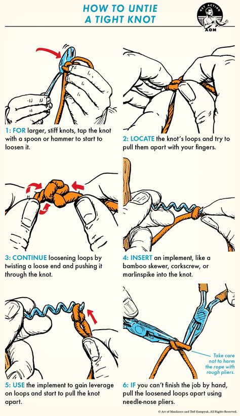 How to Untie a Tight Knot | The Art of Manliness Camping Knots, Art Of Manliness, Survival Life Hacks, Zombie Survival, Ladder Stitch, Survival Life, Emergency Kit, Survival Prepping, Survival Tips