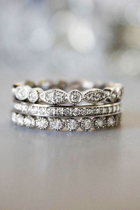 Stackable Diamond Rings Eternity Bands, Eternity Ring On Finger, Art Deco Stacking Rings, Stackable Wedding Rings, Diamond Ring Stack, Expensive Wedding, Stackable Diamond Bands, Expensive Wedding Rings, Family Ring