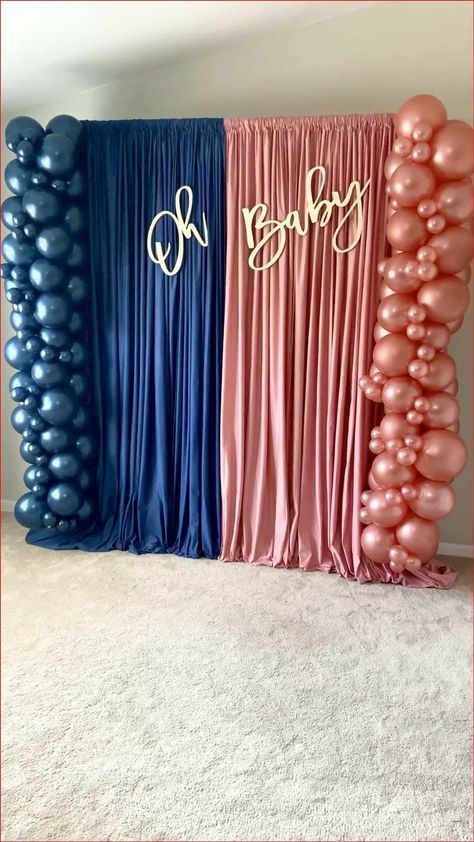 Navy Blue And Pink Gender Reveal Centerpieces, Navy Rose Gold Balloon Garland, Gender Reveal Curtain Backdrop Ideas, Gender Reveal Ideas Environment Friendly, Grand Finale Gender Reveal, Gender Reveal Themes Creative Color Schemes, Gender Reveal Ideas Decorations Outside, Birthday And Gender Reveal Party, Cute Gender Reveal Decorations