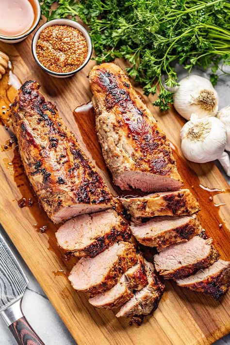 Honey Dijon Garlic Roasted Pork Tenderloin Juicy Pork Tenderloin, Roasted Pork Tenderloins, Pork Recipes Easy, Grilled Pork Tenderloin, Pork Loin Recipes, Tenderloin Recipes, Pork Tenderloin Recipes, Easy Pork, Stuffed Pork Tenderloin