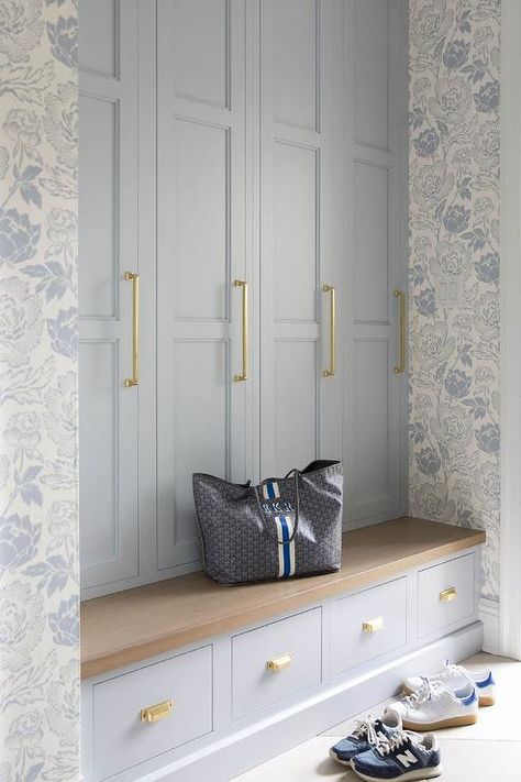 Blue Mudroom Lockers with Brass Hardware - Transitional - Laundry Room Blue Mudroom Lockers, Blue Mudroom, White Beveled Subway Tile, Transitional Laundry Room, Mudroom Remodel, Built In Lockers, Blue Laundry Rooms, Mudroom Cabinets, Mudroom Lockers