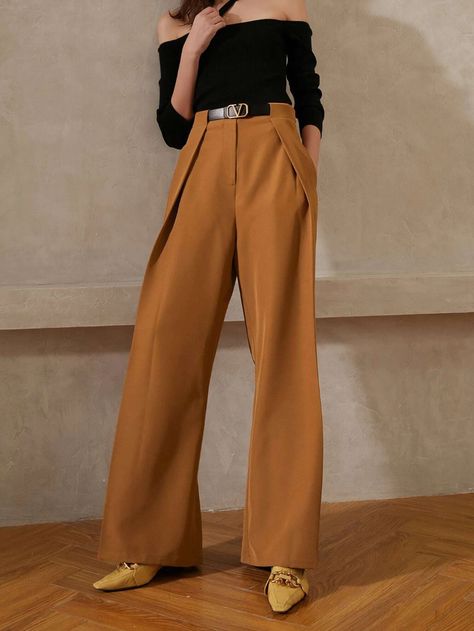 Zipper Fly Wide Leg Pants Without Belt | SHEIN USA Dark Caramel, Cheap Pants, Casual Trousers, Female Fashion, Shein Style, Wide Leg Trousers, Suits For Women, Leg Pants, Fashion News