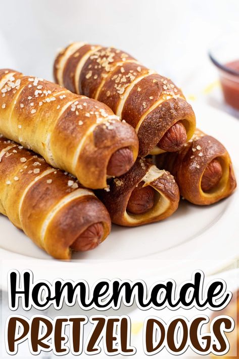 These homemade pretzel dogs are the perfect tasty snack for your game day party or a fun surprise for dinner. Take hot dogs wrapped in a soft pretzel dough and baked to golden perfection for a delicious treat that's a hit every time! Pretzel Hot Dogs, Homemade Pretzel Dogs, Pretzel Dogs Recipe, Homemade Pretzel, Pretzel Dogs, Wrapped Hot Dogs, Soft Pretzel Recipe, Homemade Pretzels, Salty Treats