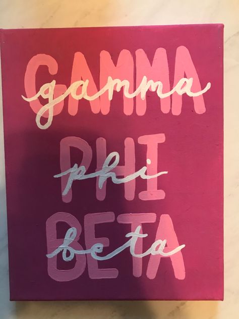 Cute Letter Painting Ideas, Phi Mu Canvas Ideas, Sorority Canvas Gamma Phi Beta, Gamma Phi Canvas, Gamma Phi Beta Painting, Gphi Paintings, Gamma Phi Beta Canvas Paintings, Sorority Canvas Ideas Easy, Gphi Canvas Paintings