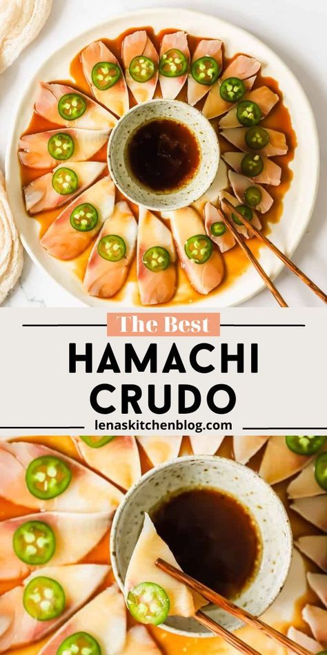 This Hamachi Crudo recipe features buttery yellowtail covered in a soy and yuzu-infused marinade. Garnish it with fresh toppings like sliced jalapeños for a vibrant, refreshing, and bright appetizer. Enjoy it as-is, or customize the sauce and garnishes to suit your preferences! Hamachi Recipe, Yellowtail Crudo, Yellowtail Recipe, Crudo Recipe, Hamachi Crudo, Asain Food, Asian Appetizers, Food Garnish, Progressive Dinner