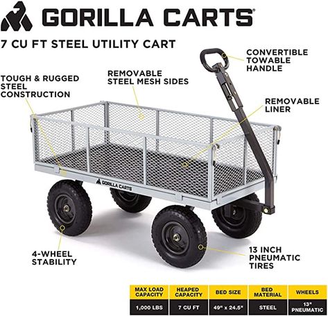 AmazonSmile : Gorilla Carts GOR1001-COM Heavy-Duty Steel Utility Cart with Removable Sides, 1000-lbs. Capacity, Gray : Garden & Outdoor Gorilla Cart, Dump Cart, Pull Wagon, Outdoor Jobs, Folding Cart, Garden Wagon, Utility Wagon, Wagon Cart, Steel Bed