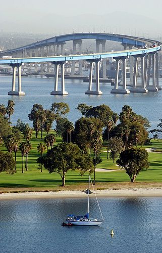 Nice view of the Coronado Bridge between San Diego mainland and the coast. Coronado Bridge, Coronado Island, San Diego Travel, Chicago Skyline, California Love, California Dreamin', California Dreaming, A Bridge, San Diego California