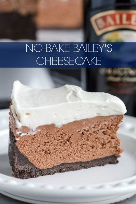 No Bake Bailey's Cheesecake | greens & chocolate Bailey's Cheesecake, Baileys Cheesecake, Baileys Recipes, Triple Chocolate Cookies, Chocolate Cheesecake Recipes, Layered Desserts, Baileys Irish Cream, Chocolate Filling, Creamy Cheesecake