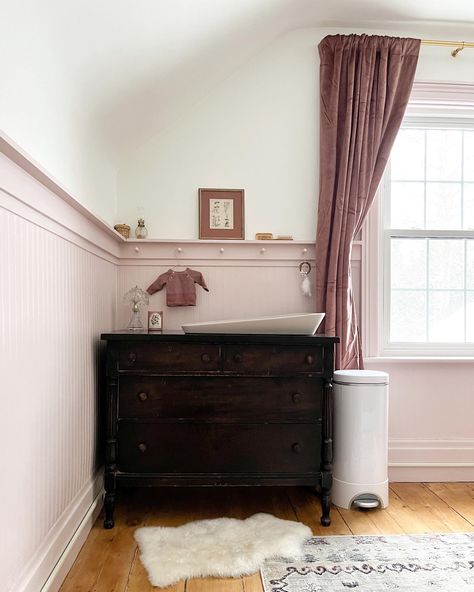 Nursery century home vintage victorian pink baby antique Baby Girl Nursery Dark Furniture, Moody Pink Nursery, Dark Wood Crib Nursery Girl, Sulking Room Pink Nursery, Dark Pink Nursery, Vintage Pink Nursery, Mauve Baby Nursery, Beadboard Nursery, Burgundy Nursery