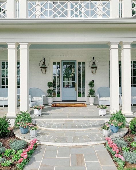 White And Gold House Exterior, Preppy Exterior House, White House With Hydrangeas, Bermuda Aesthetic, Porch With Flowers, Coastal Homes Exteriors, Gretchen Black, Preppy Backgrounds, My First House