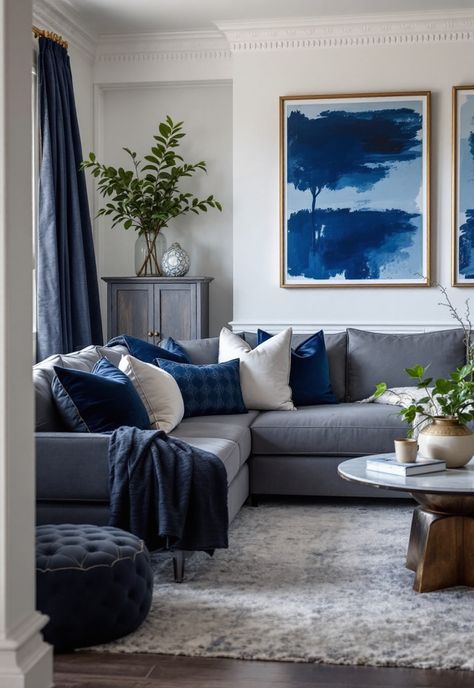 Dark Grey Couch Living Room Living Room Decor Navy And Grey, Navy Blue And Grey Apartment Decor, Grey Couch Navy Pillows, Charcoal And Blue Living Room, Neutral Living Room With Dark Couch, Blue Grey Pillows, Bluish Gray Living Room, Grey Blue Couch Living Room, Grey Couch Blue Pillows