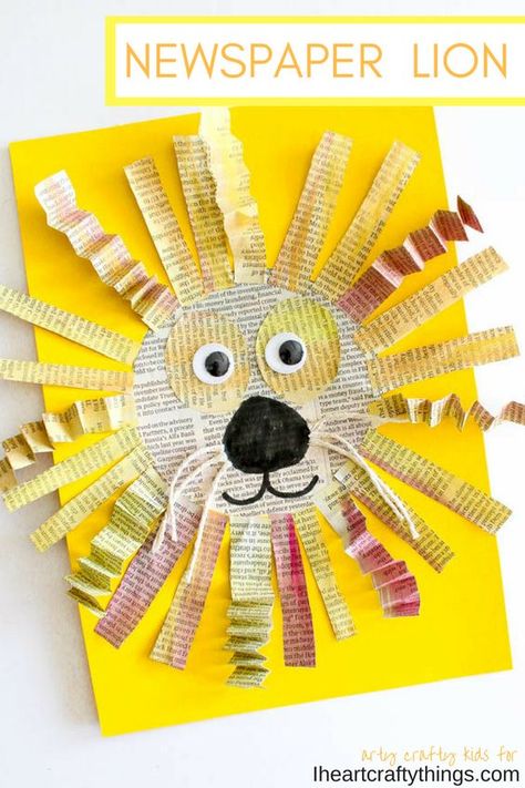 Use leftover newspaper to create this amazing mixed media newspaper lion craft for kids. Fun lion kids craft, mixed media art for kids and newspaper crafts. Lion Kids Crafts, Mixed Media Art For Kids, Lion Craft, Diy With Kids, Newspaper Paper, Newspaper Art, Awesome Crafts, Newspaper Crafts, Kindergarten Art