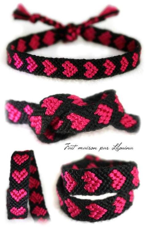 Matching Heart Bracelet Pattern, Mulina Bracelets Hearts, Heart Pattern Bracelet, Half Heart Bracelet Pattern, Diy Embroidery Thread, Brazilian Bracelet, Guitar Friendship Bracelet Pattern, Braided Bracelet Diy, Beginner Knitting Projects